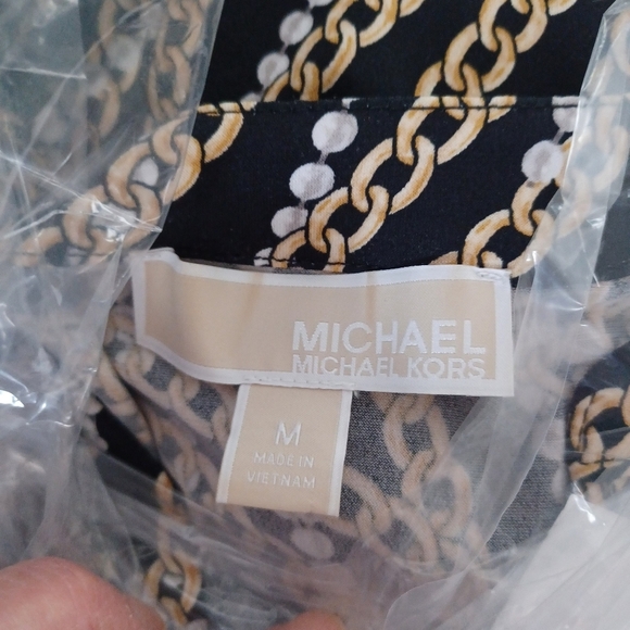 MICHAEL KORS Black Gold White Zipper Chain Link Print 3/4 Ruched Sleeve Top, M - Picture 3 of 8